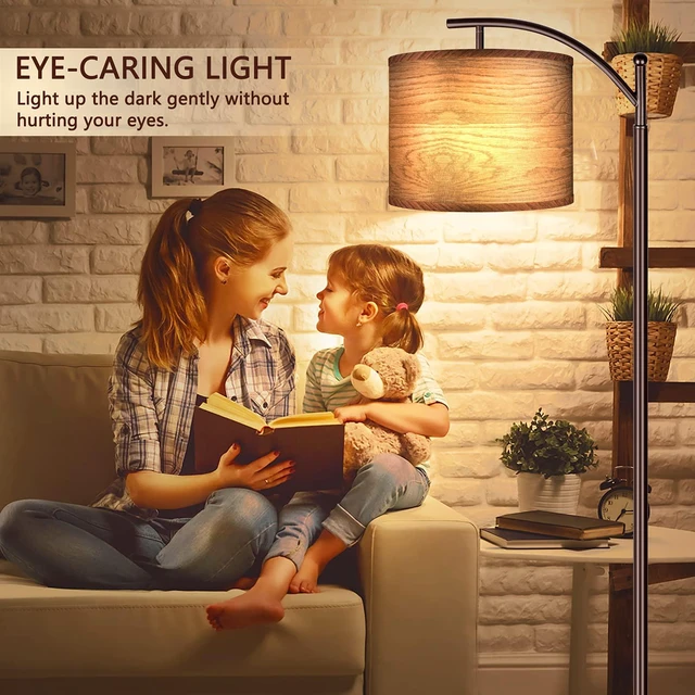 Alt view image 6 of 7 - Floor Lamp for Living Room, LED Standing Lamp Tall Industrial Floor Lamp Reading for Bedroom, Office (9W LED Bulb, Wood Grain Lampshade Included) - Oil-Rubbed Bronze