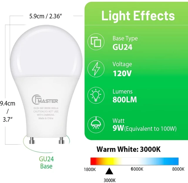 Alt view image 2 of 7 - GU24 LED Light Bulb, 3000K Warm White, 9W (100W Equivalent), 800 Lumens, A19 Shape, GU24 Pin Base, Non-Dimmable, UL ETL Certificated (48-Pack)