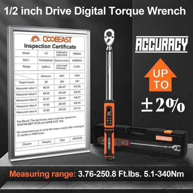 Alt view image 2 of 7 - 1/2 Drive Digital Torque Wrench(3.76-250.8 Ft.lbs./5.1-340Nm) Preset Value Torque Wrench with ±2% accuracy, Buzzer and LED Flash Five Units of Measure for Motorcycle, Auto Repair