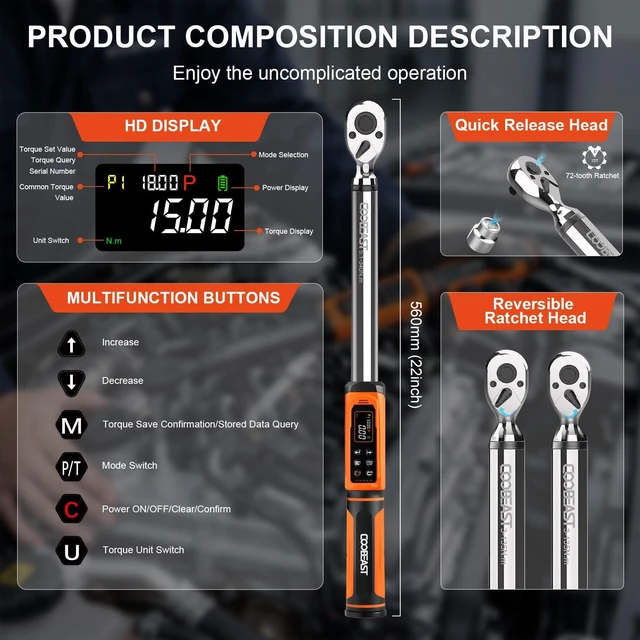 Alt view image 3 of 7 - 1/2 Drive Digital Torque Wrench(3.76-250.8 Ft.lbs./5.1-340Nm) Preset Value Torque Wrench with ±2% accuracy, Buzzer and LED Flash Five Units of Measure for Motorcycle, Auto Repair