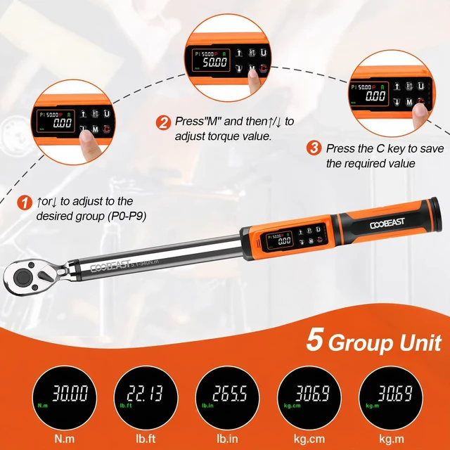 Alt view image 4 of 7 - 1/2 Drive Digital Torque Wrench(3.76-250.8 Ft.lbs./5.1-340Nm) Preset Value Torque Wrench with ±2% accuracy, Buzzer and LED Flash Five Units of Measure for Motorcycle, Auto Repair