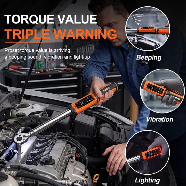 Alt view image 5 of 7 - 1/2 Drive Digital Torque Wrench(3.76-250.8 Ft.lbs./5.1-340Nm) Preset Value Torque Wrench with ±2% accuracy, Buzzer and LED Flash Five Units of Measure for Motorcycle, Auto Repair
