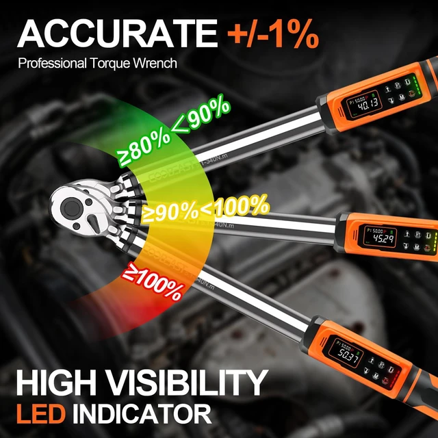 Alt view image 6 of 7 - 1/2 Drive Digital Torque Wrench(3.76-250.8 Ft.lbs./5.1-340Nm) Preset Value Torque Wrench with ±2% accuracy, Buzzer and LED Flash Five Units of Measure for Motorcycle, Auto Repair