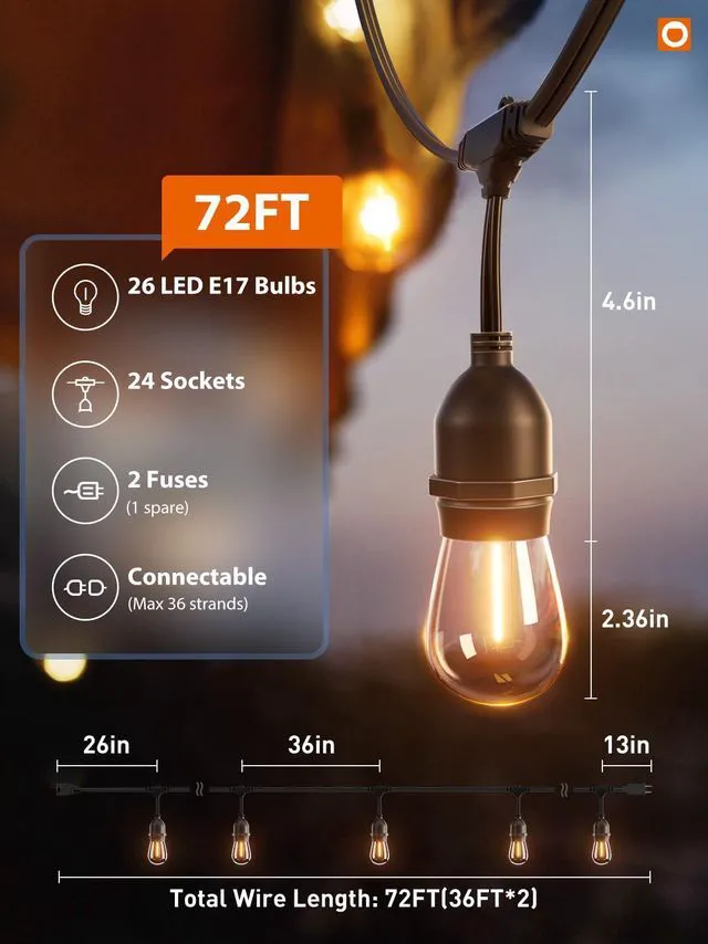 Alt view image 6 of 7 - LED Outdoor String Lights 72FT(36*2) Edison Vintage Weatherproof ETL Commercial Grade Strand with Shatterproof Bulbs, Decorative Hanging Lights for Patio Backyard Garden Cafe Bistro Deck