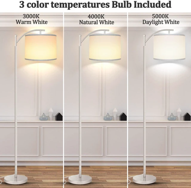Alt view image 2 of 6 - Floor Lamp for Living Room with 3 Color Temperatures LED Bulb, Standing Lamp Tall Industrial Floor Lamp Reading for Bedroom, Office (9W LED Bulb, White Lampshade Included) -Silver