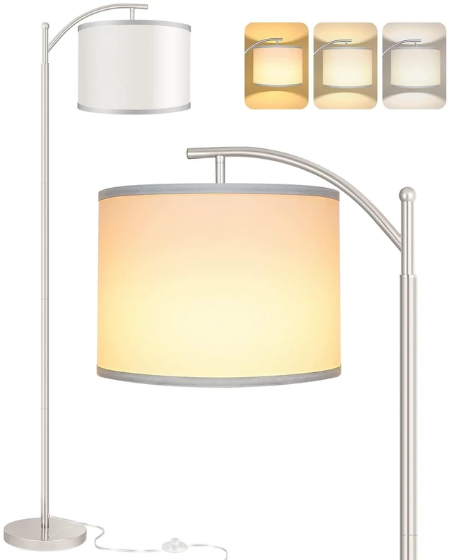 Main image of Floor Lamp for Living Room with 3 Color Temperatures LED Bulb, Standing Lamp Tall Industrial Floor Lamp Reading for Bedroom, Office (9W LED Bulb, White Lampshade Included) -Silver