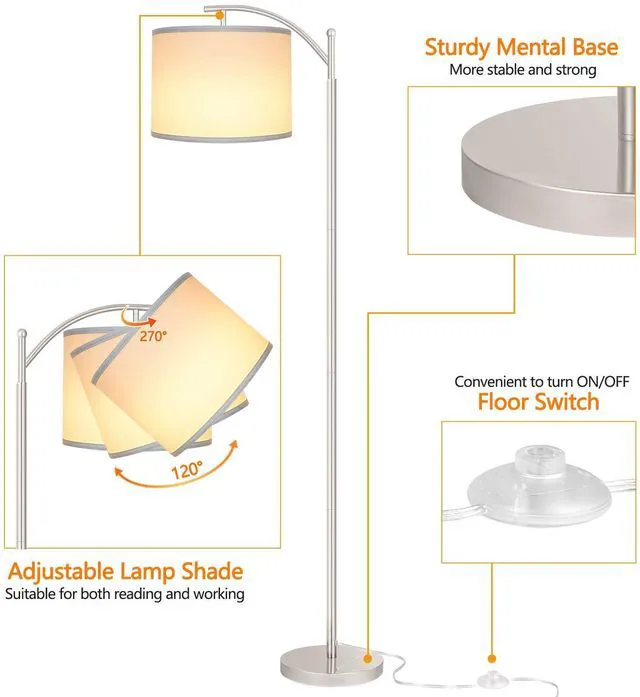Alt view image 3 of 6 - Floor Lamp for Living Room with 3 Color Temperatures LED Bulb, Standing Lamp Tall Industrial Floor Lamp Reading for Bedroom, Office (9W LED Bulb, White Lampshade Included) -Silver
