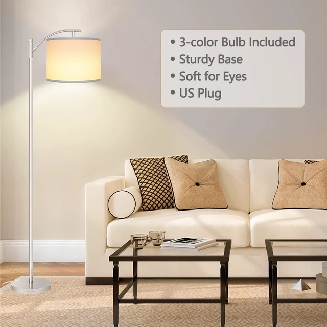 Alt view image 5 of 6 - Floor Lamp for Living Room with 3 Color Temperatures LED Bulb, Standing Lamp Tall Industrial Floor Lamp Reading for Bedroom, Office (9W LED Bulb, White Lampshade Included) -Silver