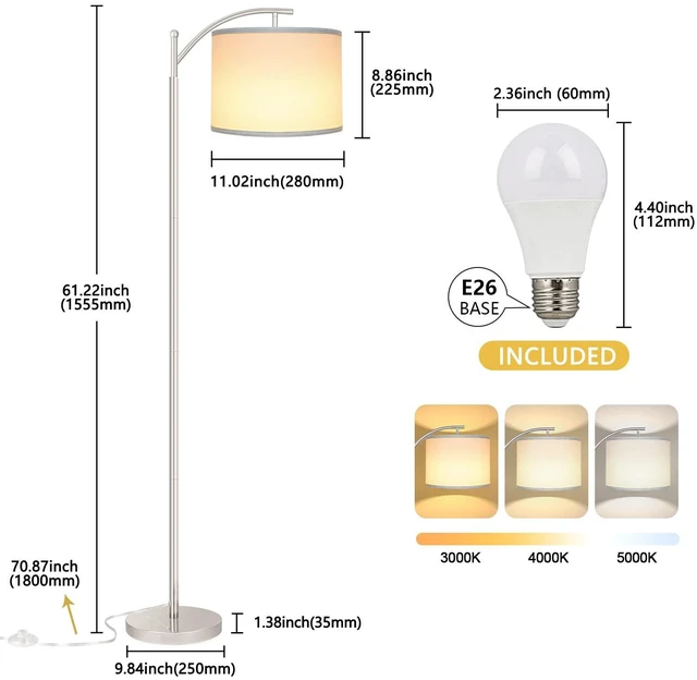 Alt view image 4 of 6 - Floor Lamp for Living Room with 3 Color Temperatures LED Bulb, Standing Lamp Tall Industrial Floor Lamp Reading for Bedroom, Office (9W LED Bulb, White Lampshade Included) -Silver