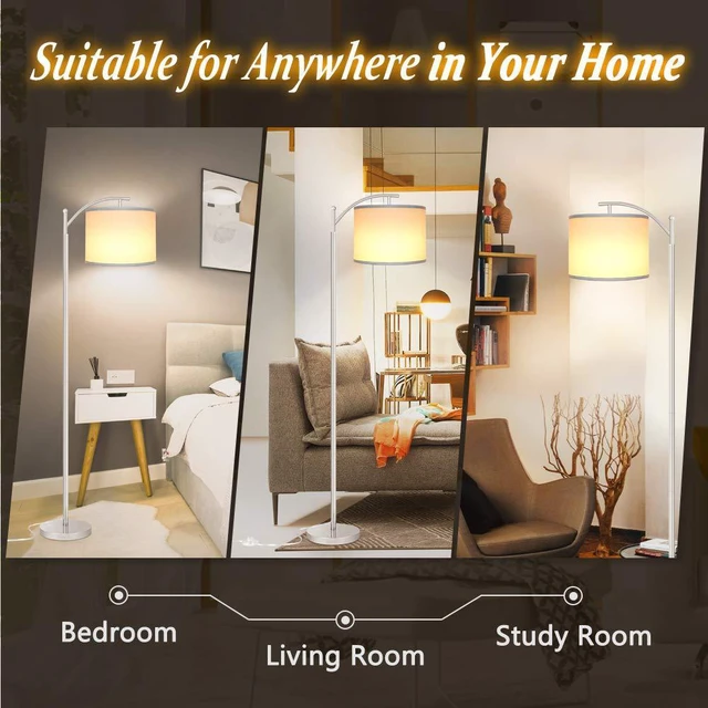 Alt view image 6 of 6 - Floor Lamp for Living Room with 3 Color Temperatures LED Bulb, Standing Lamp Tall Industrial Floor Lamp Reading for Bedroom, Office (9W LED Bulb, White Lampshade Included) -Silver