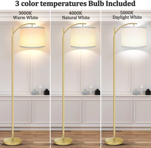 Alt view image 2 of 6 - Floor Lamp for Living Room with 3 Color Temperatures LED Bulb, Standing Lamp Tall Industrial Floor Lamp Reading for Bedroom, Office (9W LED Bulb, White Lampshade Included) -Gold
