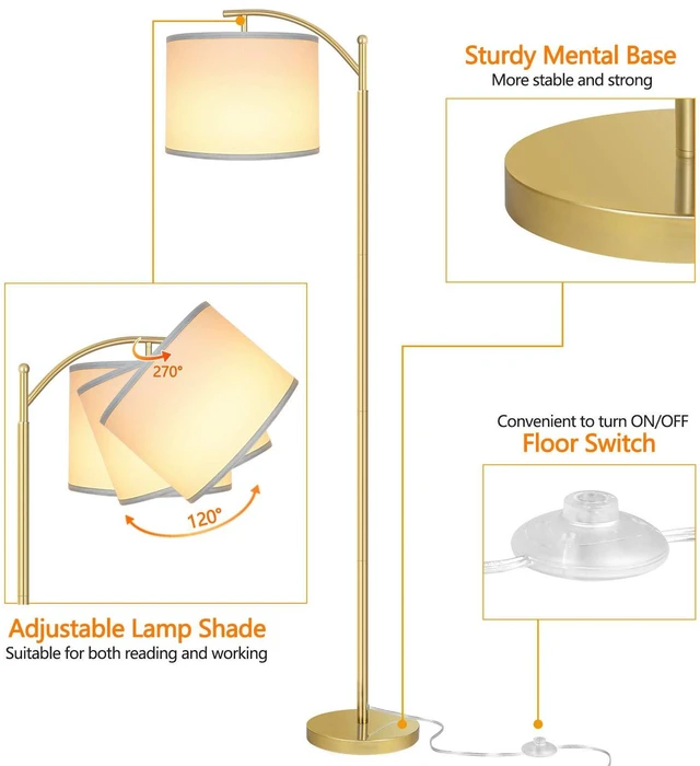 Alt view image 3 of 6 - Floor Lamp for Living Room with 3 Color Temperatures LED Bulb, Standing Lamp Tall Industrial Floor Lamp Reading for Bedroom, Office (9W LED Bulb, White Lampshade Included) -Gold