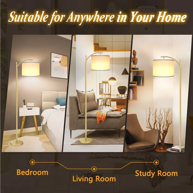 Alt view image 6 of 6 - Floor Lamp for Living Room with 3 Color Temperatures LED Bulb, Standing Lamp Tall Industrial Floor Lamp Reading for Bedroom, Office (9W LED Bulb, White Lampshade Included) -Gold