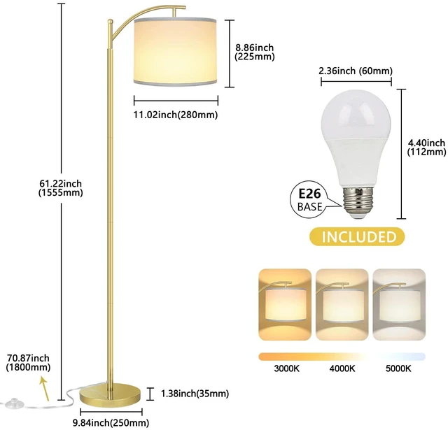 Alt view image 4 of 6 - Floor Lamp for Living Room with 3 Color Temperatures LED Bulb, Standing Lamp Tall Industrial Floor Lamp Reading for Bedroom, Office (9W LED Bulb, White Lampshade Included) -Gold