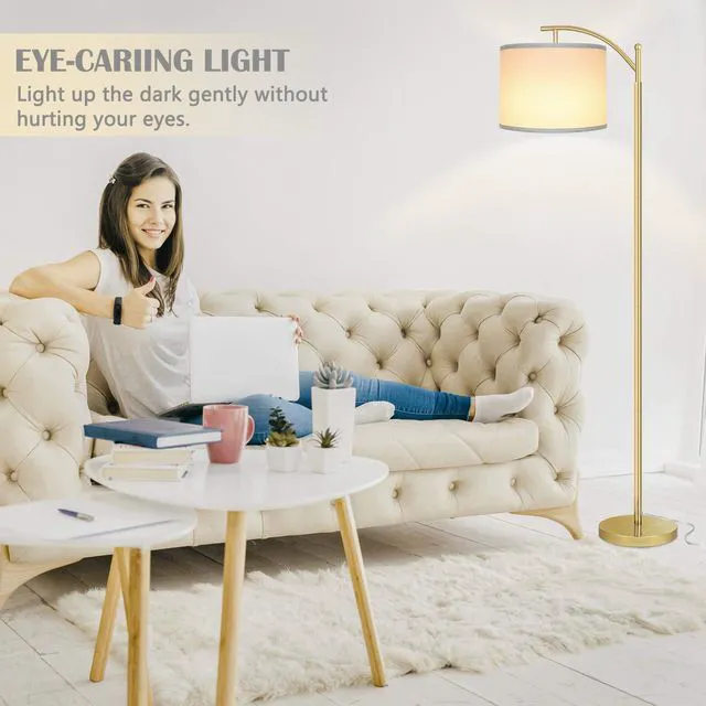 Alt view image 5 of 6 - Floor Lamp for Living Room with 3 Color Temperatures LED Bulb, Standing Lamp Tall Industrial Floor Lamp Reading for Bedroom, Office (9W LED Bulb, White Lampshade Included) -Gold