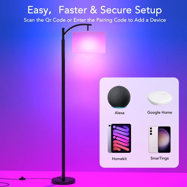 Alt view image 2 of 7 - Floor Lamps with Matter Smart Light Bulb, RGB + Color Temperatures Bright Dimmable Smart Floor lamp, Living Room Standing Tall Industrial Floor Lamp (Beige Lampshade Included) -Black