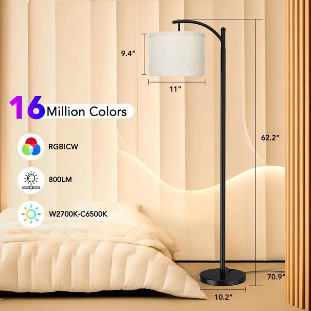 Alt view image 5 of 7 - Floor Lamps with Matter Smart Light Bulb, RGB + Color Temperatures Bright Dimmable Smart Floor lamp, Living Room Standing Tall Industrial Floor Lamp (Beige Lampshade Included) -Black
