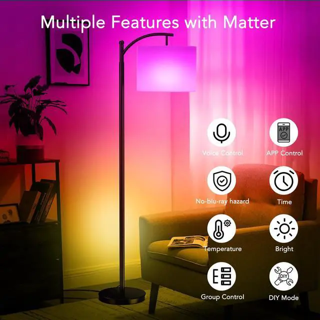 Alt view image 4 of 7 - Floor Lamps with Matter Smart Light Bulb, RGB + Color Temperatures Bright Dimmable Smart Floor lamp, Living Room Standing Tall Industrial Floor Lamp (Beige Lampshade Included) -Black