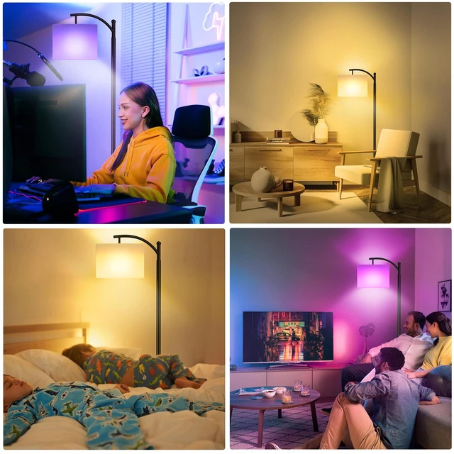 Alt view image 7 of 7 - Floor Lamps with Matter Smart Light Bulb, RGB + Color Temperatures Bright Dimmable Smart Floor lamp, Living Room Standing Tall Industrial Floor Lamp (Beige Lampshade Included) -Black