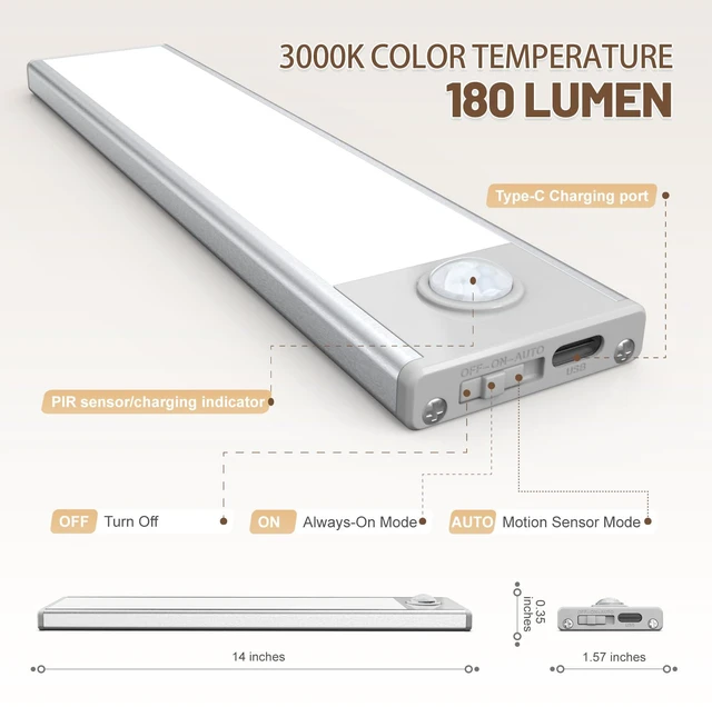 Alt view image 5 of 7 - 6 Pack Under Cabinet Lighting Wireless, 58 LED Rechargeable Battery Motion Sensor Light Indoor, Stick On Magnetic Closet Lights, Under Counter Lights for Kitchen, Stairs, Warm 14 in