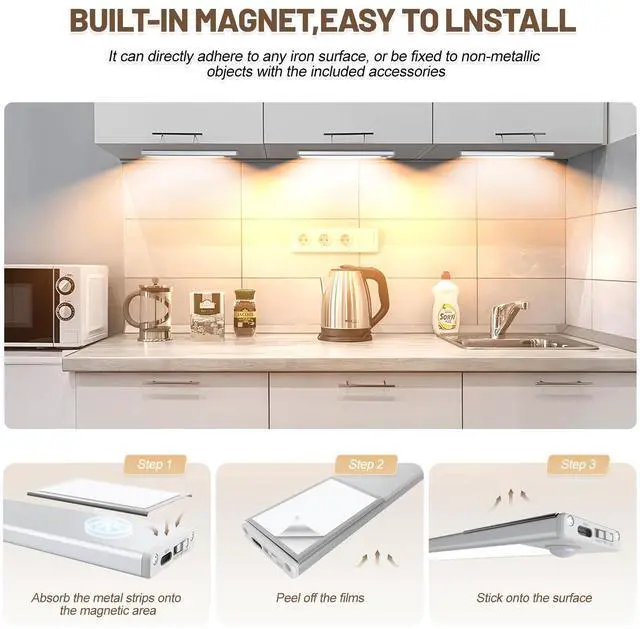 Alt view image 6 of 7 - 6 Pack Under Cabinet Lighting Wireless, 58 LED Rechargeable Battery Motion Sensor Light Indoor, Stick On Magnetic Closet Lights, Under Counter Lights for Kitchen, Stairs, Warm 14 in