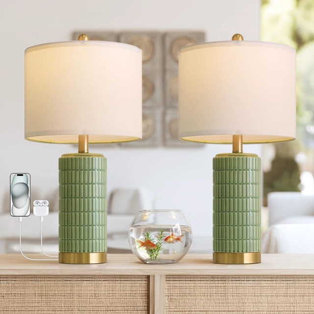 Main image of Bedside Table Lamps Set of 2 for Living Room with 2 USB Ports, 21.5'' Small Modern Nightstand Lamps for Bedroom, Ceramic Side Table Lamps with Gold Base for Office Entryway Decor Gift (Green)