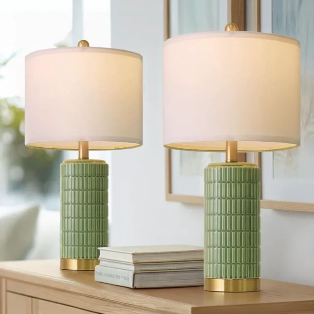 Alt view image 2 of 7 - Bedside Table Lamps Set of 2 for Living Room with 2 USB Ports, 21.5'' Small Modern Nightstand Lamps for Bedroom, Ceramic Side Table Lamps with Gold Base for Office Entryway Decor Gift (Green)