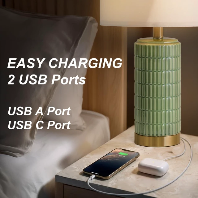 Alt view image 3 of 7 - Bedside Table Lamps Set of 2 for Living Room with 2 USB Ports, 21.5'' Small Modern Nightstand Lamps for Bedroom, Ceramic Side Table Lamps with Gold Base for Office Entryway Decor Gift (Green)
