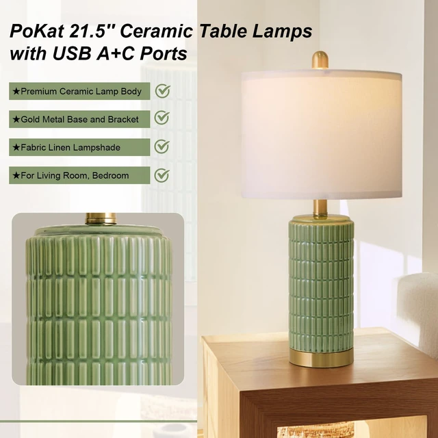 Alt view image 4 of 7 - Bedside Table Lamps Set of 2 for Living Room with 2 USB Ports, 21.5'' Small Modern Nightstand Lamps for Bedroom, Ceramic Side Table Lamps with Gold Base for Office Entryway Decor Gift (Green)