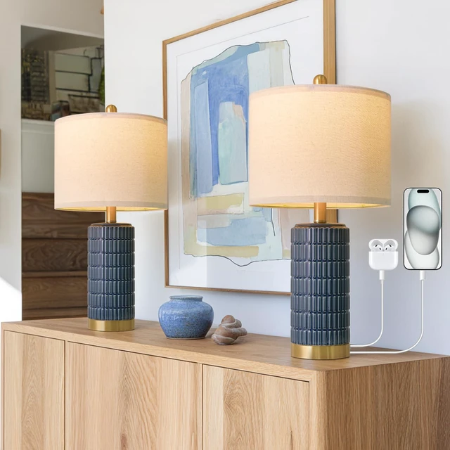Main image of 21.5'' Bedside Table Lamps Set of 2 with USB A+C Ports for Living Room, Ceramic Modern Lamps for Bedroom, Small Nightstand Lamps for Office Guest Room Hallway Sideboard Gift Decor (Blue)