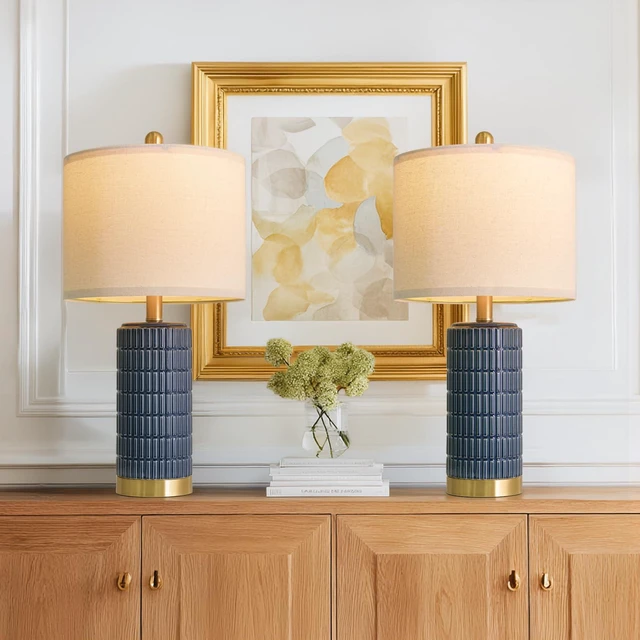 Alt view image 2 of 7 - 21.5'' Bedside Table Lamps Set of 2 with USB A+C Ports for Living Room, Ceramic Modern Lamps for Bedroom, Small Nightstand Lamps for Office Guest Room Hallway Sideboard Gift Decor (Blue)