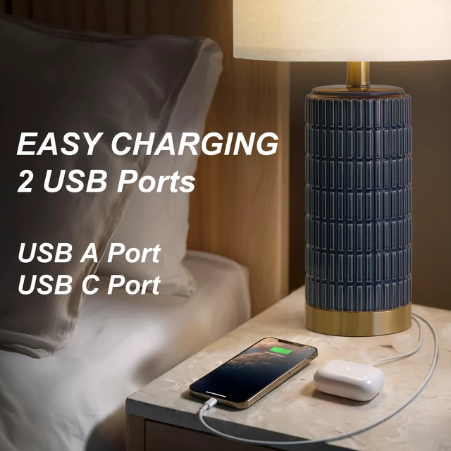 Alt view image 3 of 7 - 21.5'' Bedside Table Lamps Set of 2 with USB A+C Ports for Living Room, Ceramic Modern Lamps for Bedroom, Small Nightstand Lamps for Office Guest Room Hallway Sideboard Gift Decor (Blue)