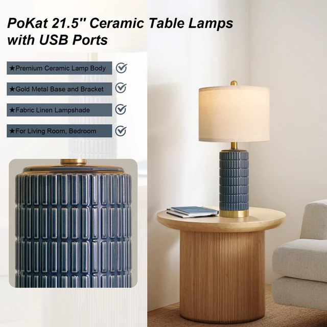 Alt view image 4 of 7 - 21.5'' Bedside Table Lamps Set of 2 with USB A+C Ports for Living Room, Ceramic Modern Lamps for Bedroom, Small Nightstand Lamps for Office Guest Room Hallway Sideboard Gift Decor (Blue)