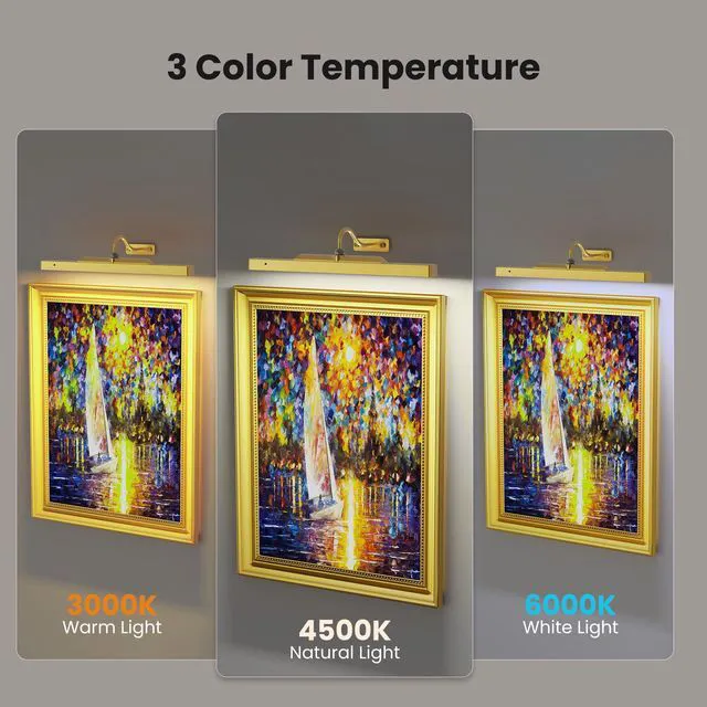 Alt view image 3 of 7 - Picture Light 3Pack- 16in Picture Lights for Wall, 5000mAh Wireless Rechargeable Battery Picture Lights, Wall Light, Art Display Light for Gallery Artwork, Paintings, Portraits, Dartboards- Gold
