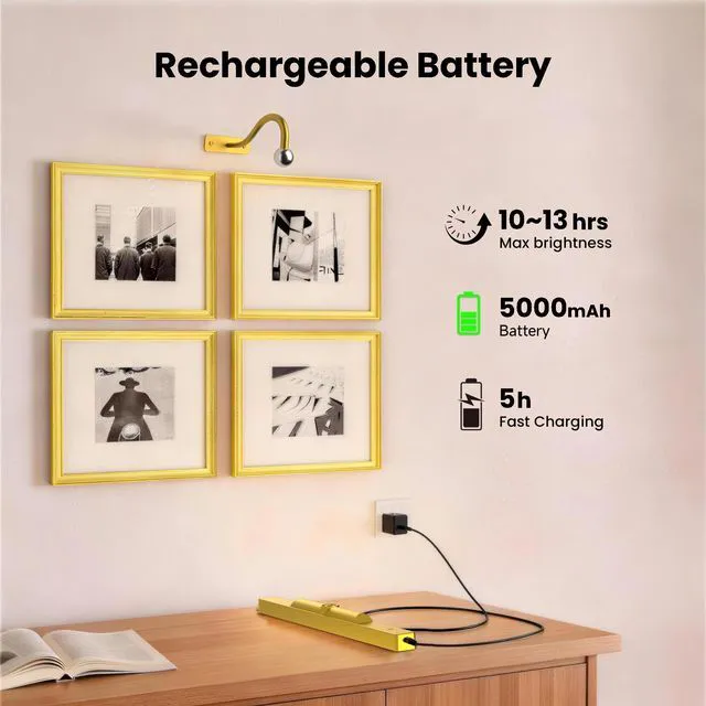 Alt view image 4 of 7 - Picture Light 3Pack- 16in Picture Lights for Wall, 5000mAh Wireless Rechargeable Battery Picture Lights, Wall Light, Art Display Light for Gallery Artwork, Paintings, Portraits, Dartboards- Gold