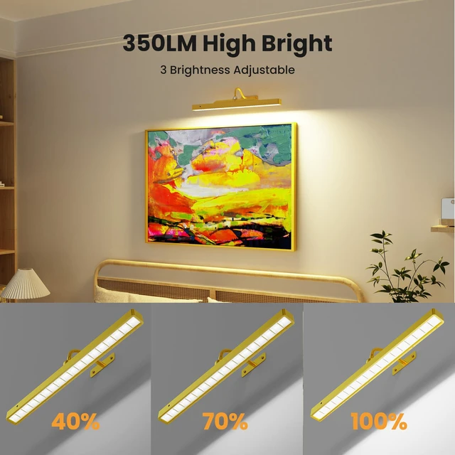 Alt view image 7 of 7 - Picture Light 3Pack- 16in Picture Lights for Wall, 5000mAh Wireless Rechargeable Battery Picture Lights, Wall Light, Art Display Light for Gallery Artwork, Paintings, Portraits, Dartboards- Gold