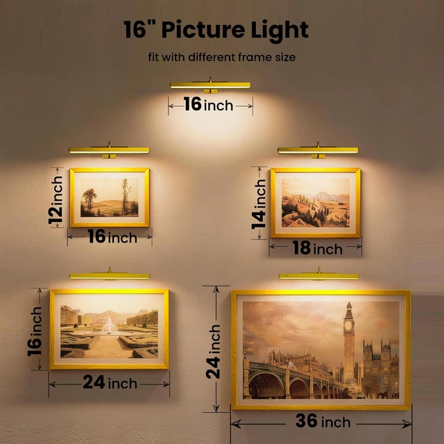 Alt view image 6 of 7 - Picture Light 3Pack- 16in Picture Lights for Wall, 5000mAh Wireless Rechargeable Battery Picture Lights, Wall Light, Art Display Light for Gallery Artwork, Paintings, Portraits, Dartboards- Gold