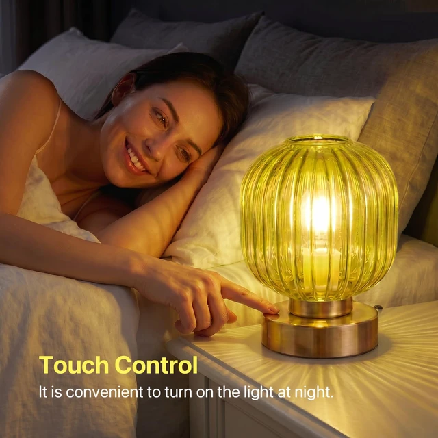Alt view image 2 of 7 - Green Touch Glass Table Lamp Set of 2, 3-Way Dimmable Bedside Lamps, Vintage Mid-Century Modern Nightstand Lamps for Bedroom and Living Room, Ambient Mood Lighting, LED Bulb Included