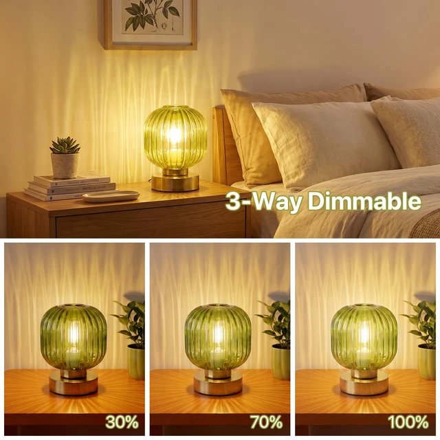 Alt view image 3 of 7 - Green Touch Glass Table Lamp Set of 2, 3-Way Dimmable Bedside Lamps, Vintage Mid-Century Modern Nightstand Lamps for Bedroom and Living Room, Ambient Mood Lighting, LED Bulb Included