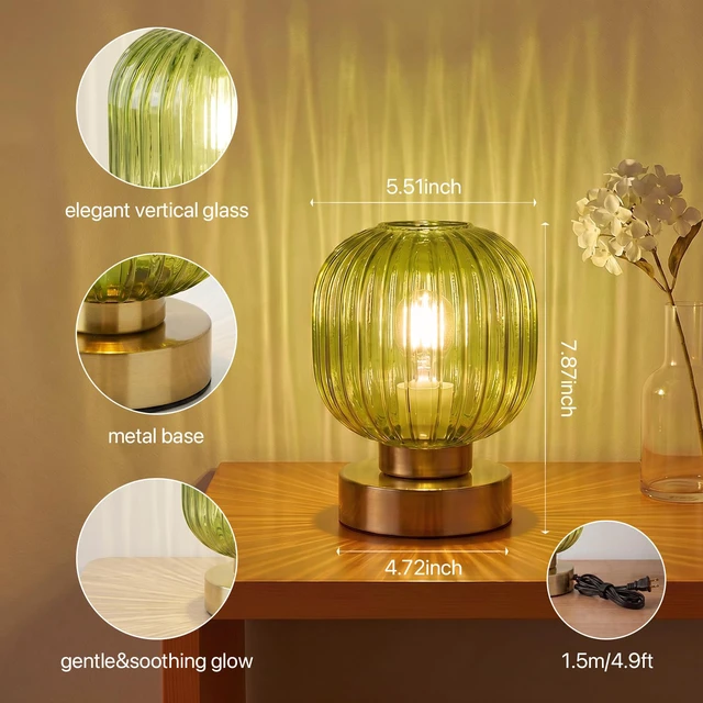 Alt view image 4 of 7 - Green Touch Glass Table Lamp Set of 2, 3-Way Dimmable Bedside Lamps, Vintage Mid-Century Modern Nightstand Lamps for Bedroom and Living Room, Ambient Mood Lighting, LED Bulb Included