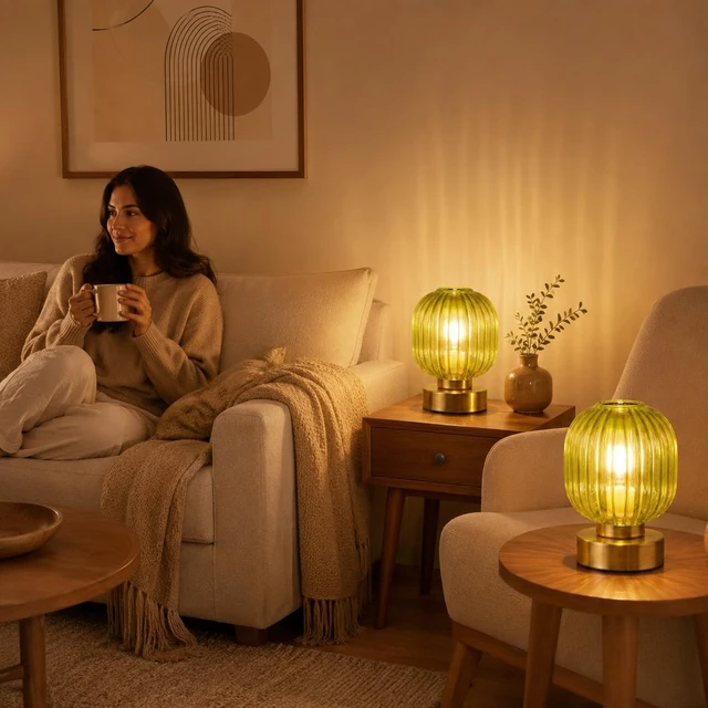 Alt view image 5 of 7 - Green Touch Glass Table Lamp Set of 2, 3-Way Dimmable Bedside Lamps, Vintage Mid-Century Modern Nightstand Lamps for Bedroom and Living Room, Ambient Mood Lighting, LED Bulb Included