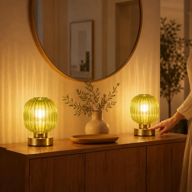 Alt view image 6 of 7 - Green Touch Glass Table Lamp Set of 2, 3-Way Dimmable Bedside Lamps, Vintage Mid-Century Modern Nightstand Lamps for Bedroom and Living Room, Ambient Mood Lighting, LED Bulb Included