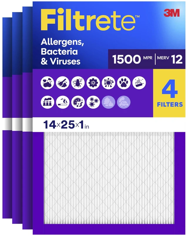 Main image of 14x25x1 Air Filter, MERV 12, MPR 1500, Allergens, Bacteria & Viruses, 3-Month AC and Furnace Filters, Cleaner Air, Reliable Airflow, 4 HVAC Filters (Actual Size 13.62 x 24.62 x 0.78 in)