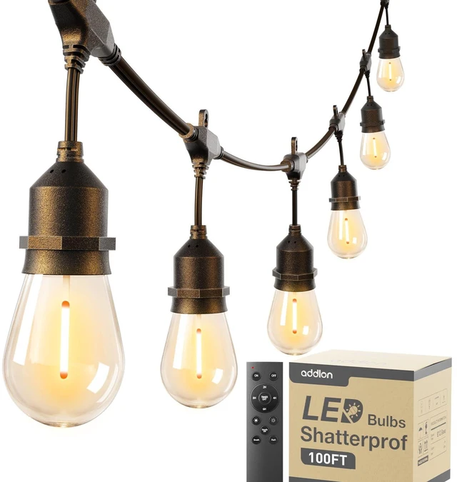 Main image of 100FT Outdoor String Lights with Remote Dimmable Waterproof Patio 50 Warm White Edison Bulbs, Heavy Duty Shatterproof Hanging Strand for Outside Backyard Porch Garden Bistro Pergola Party