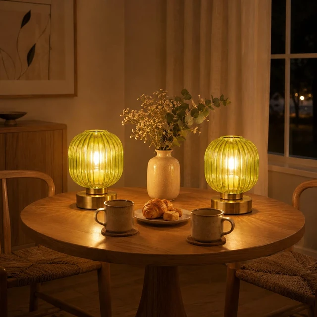 Alt view image 7 of 7 - Green Touch Glass Table Lamp Set of 2, 3-Way Dimmable Bedside Lamps, Vintage Mid-Century Modern Nightstand Lamps for Bedroom and Living Room, Ambient Mood Lighting, LED Bulb Included