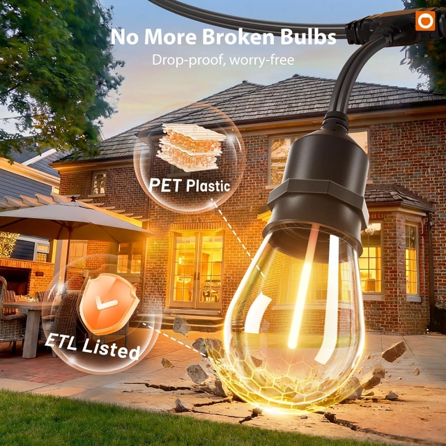 Alt view image 3 of 7 - 100FT Outdoor String Lights with Remote Dimmable Waterproof Patio 50 Warm White Edison Bulbs, Heavy Duty Shatterproof Hanging Strand for Outside Backyard Porch Garden Bistro Pergola Party