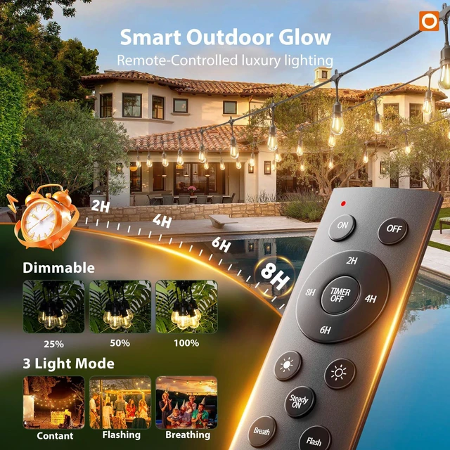 Alt view image 2 of 7 - 100FT Outdoor String Lights with Remote Dimmable Waterproof Patio 50 Warm White Edison Bulbs, Heavy Duty Shatterproof Hanging Strand for Outside Backyard Porch Garden Bistro Pergola Party