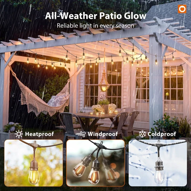 Alt view image 5 of 7 - 100FT Outdoor String Lights with Remote Dimmable Waterproof Patio 50 Warm White Edison Bulbs, Heavy Duty Shatterproof Hanging Strand for Outside Backyard Porch Garden Bistro Pergola Party