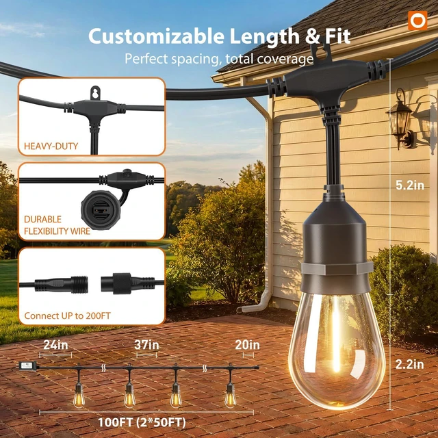Alt view image 6 of 7 - 100FT Outdoor String Lights with Remote Dimmable Waterproof Patio 50 Warm White Edison Bulbs, Heavy Duty Shatterproof Hanging Strand for Outside Backyard Porch Garden Bistro Pergola Party