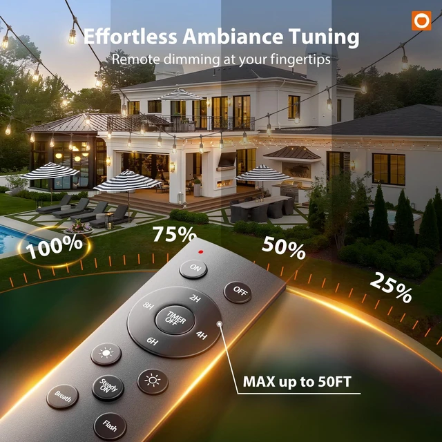 Alt view image 7 of 7 - 100FT Outdoor String Lights with Remote Dimmable Waterproof Patio 50 Warm White Edison Bulbs, Heavy Duty Shatterproof Hanging Strand for Outside Backyard Porch Garden Bistro Pergola Party